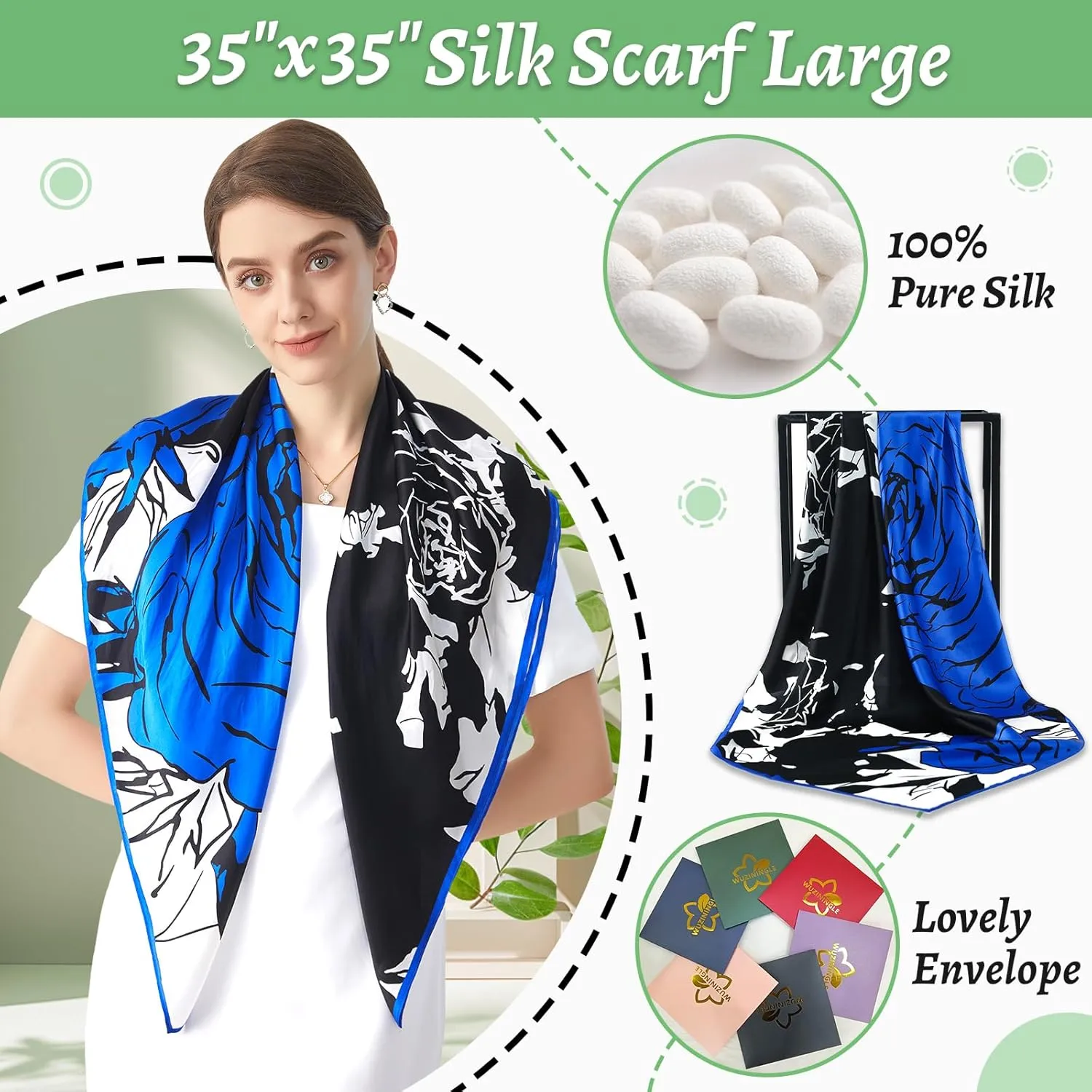 100% Mulberry Silk Head Scarf for Sleeping 35"x35" Square Silk Hair Scarf for Women Lightweight Bandana Large