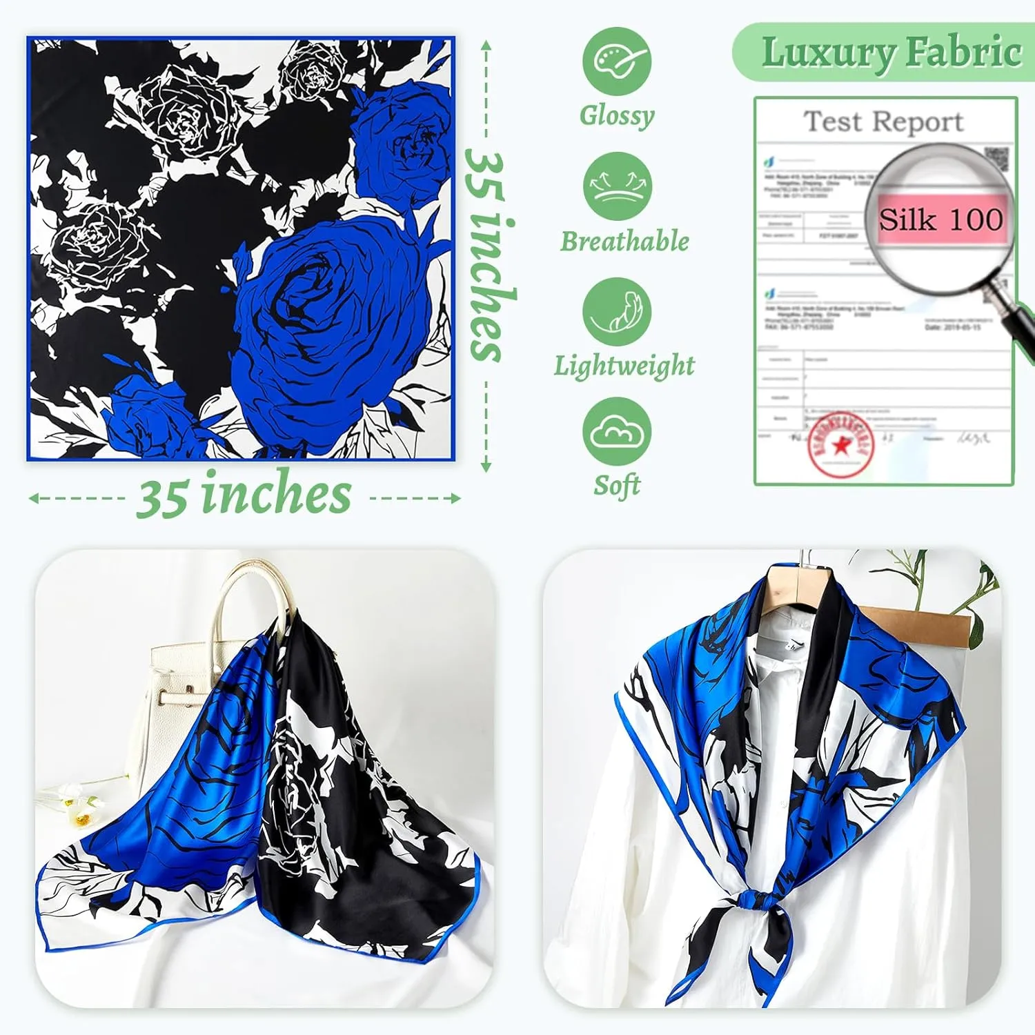 100% Mulberry Silk Head Scarf for Sleeping 35"x35" Square Silk Hair Scarf for Women Lightweight Bandana Large