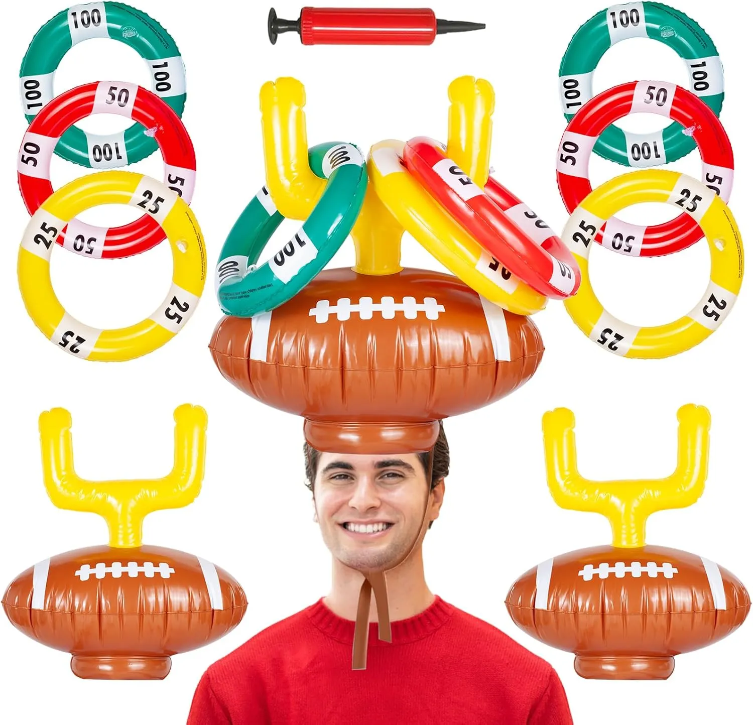 2 Set Inflatable Post Ring Toss Football Goal Post Ring Game, Football Birthday Party Game Family Indoor Outdoor Game Supplies (2 Toss Post Hats 6 Rings)