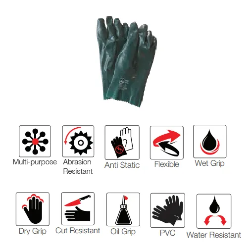 300mm 12'' Double dipped rough palm jersey liner green PVC gloves Abrasion-Lv4