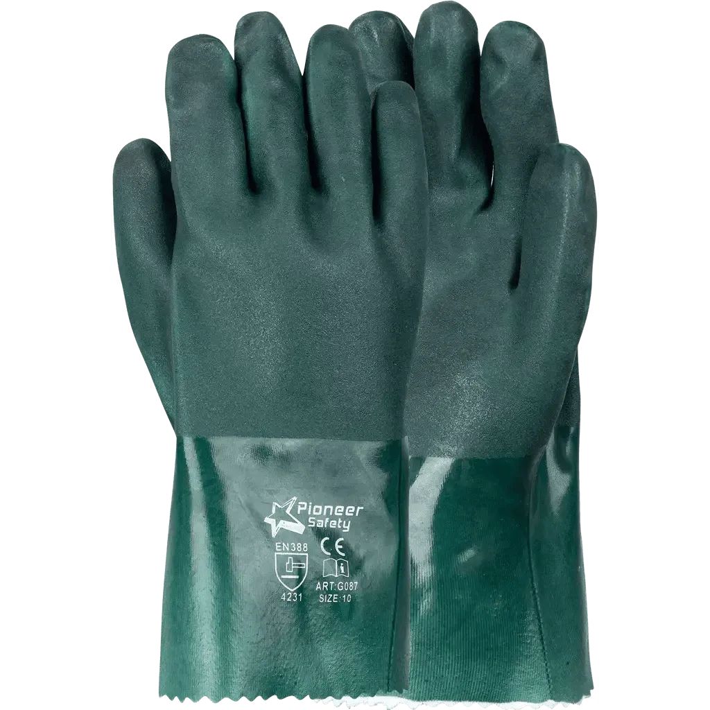 300mm 12'' Double dipped rough palm jersey liner green PVC gloves Abrasion-Lv4