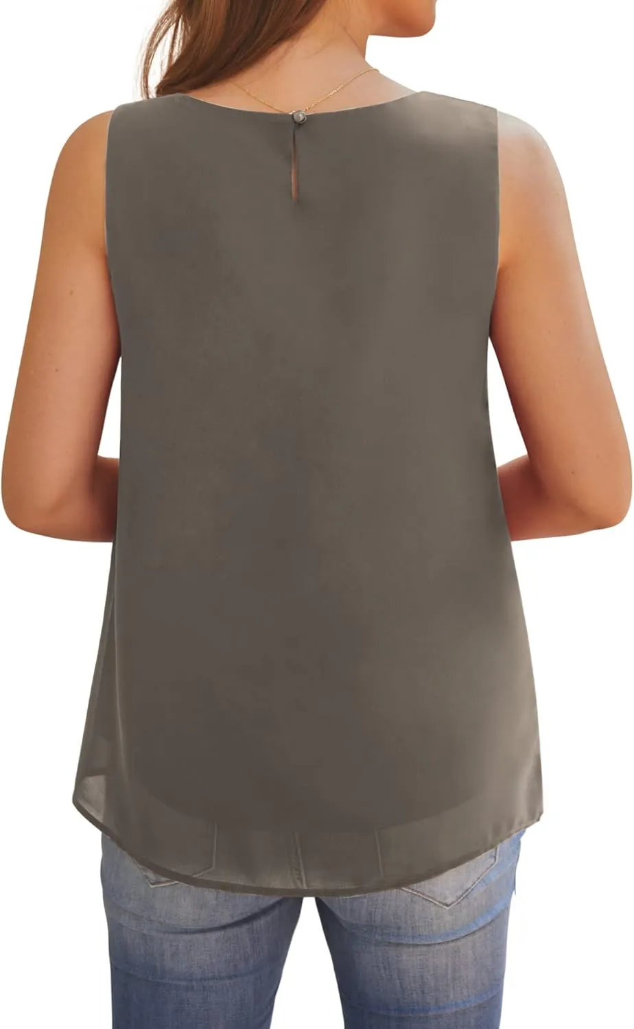 AWULIFFAN Tank Tops for Women Sleeveless Round Neck Tops Casual Pleated Double Layers Chiffon Blouse Shirts