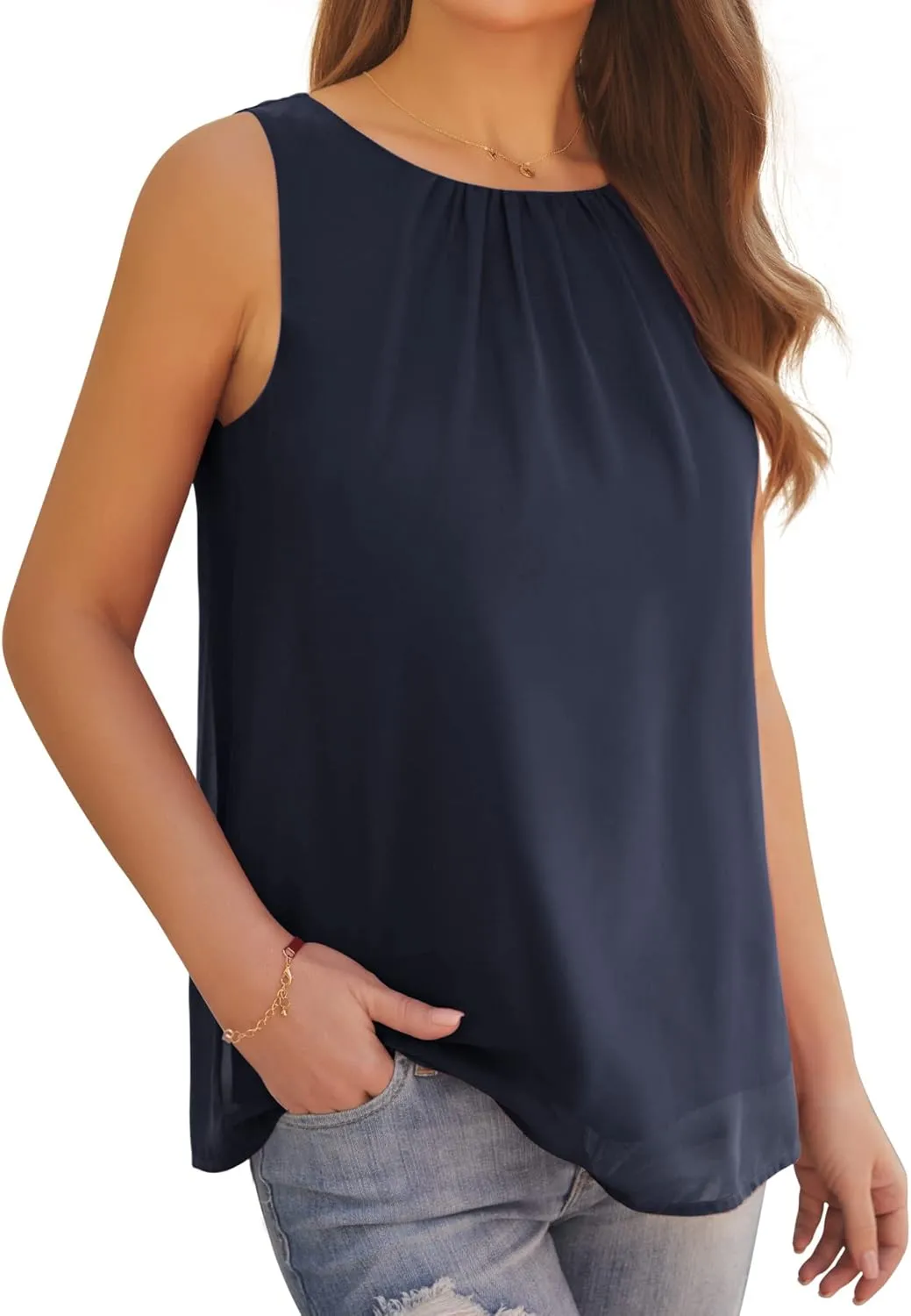 AWULIFFAN Tank Tops for Women Sleeveless Round Neck Tops Casual Pleated Double Layers Chiffon Blouse Shirts