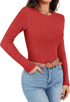 Ekouaer Womens Long Sleeve Ribbed Shirts Trendy Fitted Tops Thermal Under Scrub Crew Neck Soft Fleece Basic Layering