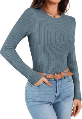 Ekouaer Womens Long Sleeve Ribbed Shirts Trendy Fitted Tops Thermal Under Scrub Crew Neck Soft Fleece Basic Layering