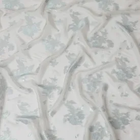 Ethereal White Silk Chiffon Fabric with Silver and Aqua Lurex Accents, 110 cm Width - Imported from South Korea-D20240
