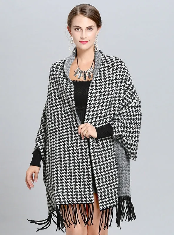 Houndstooth Plaid Knit Fringed Scarf Shawl