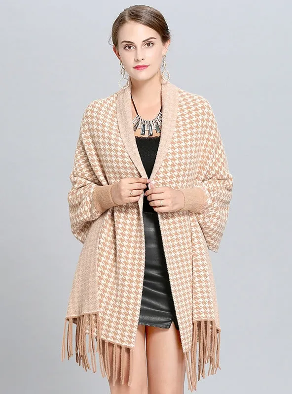 Houndstooth Plaid Knit Fringed Scarf Shawl