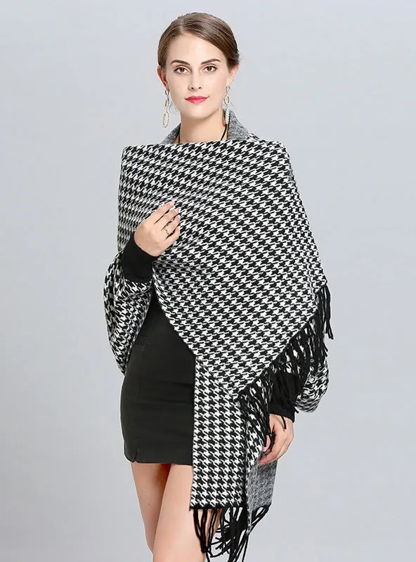 Houndstooth Plaid Knit Fringed Scarf Shawl