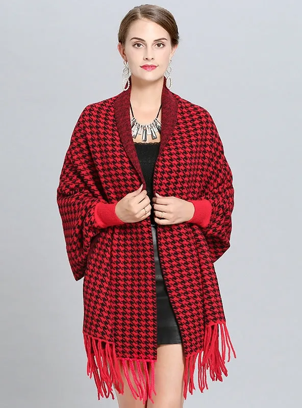 Houndstooth Plaid Knit Fringed Scarf Shawl