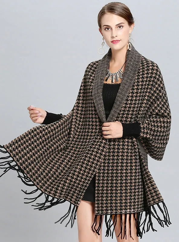 Houndstooth Plaid Knit Fringed Scarf Shawl