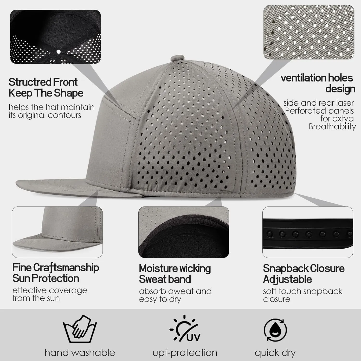 Men's Flat Brim Baseball Cap Adjustable Performance Snapback Trucker Hat Laser Perforated Cap 6 Panel Blank Hats