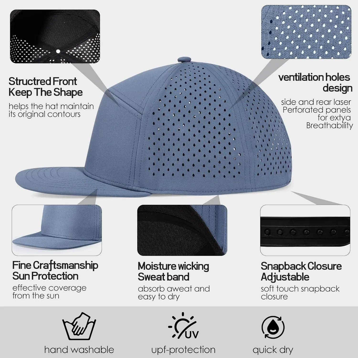 Men's Flat Brim Baseball Cap Adjustable Performance Snapback Trucker Hat Laser Perforated Cap 6 Panel Blank Hats