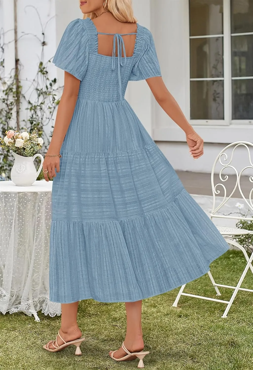 MEROKEETY Women's 2025 Summer Flowy Midi Maxi Dress Short Sleeve Square Neck Smocked Tiered Ruffle Boho Dresses with Pockets
