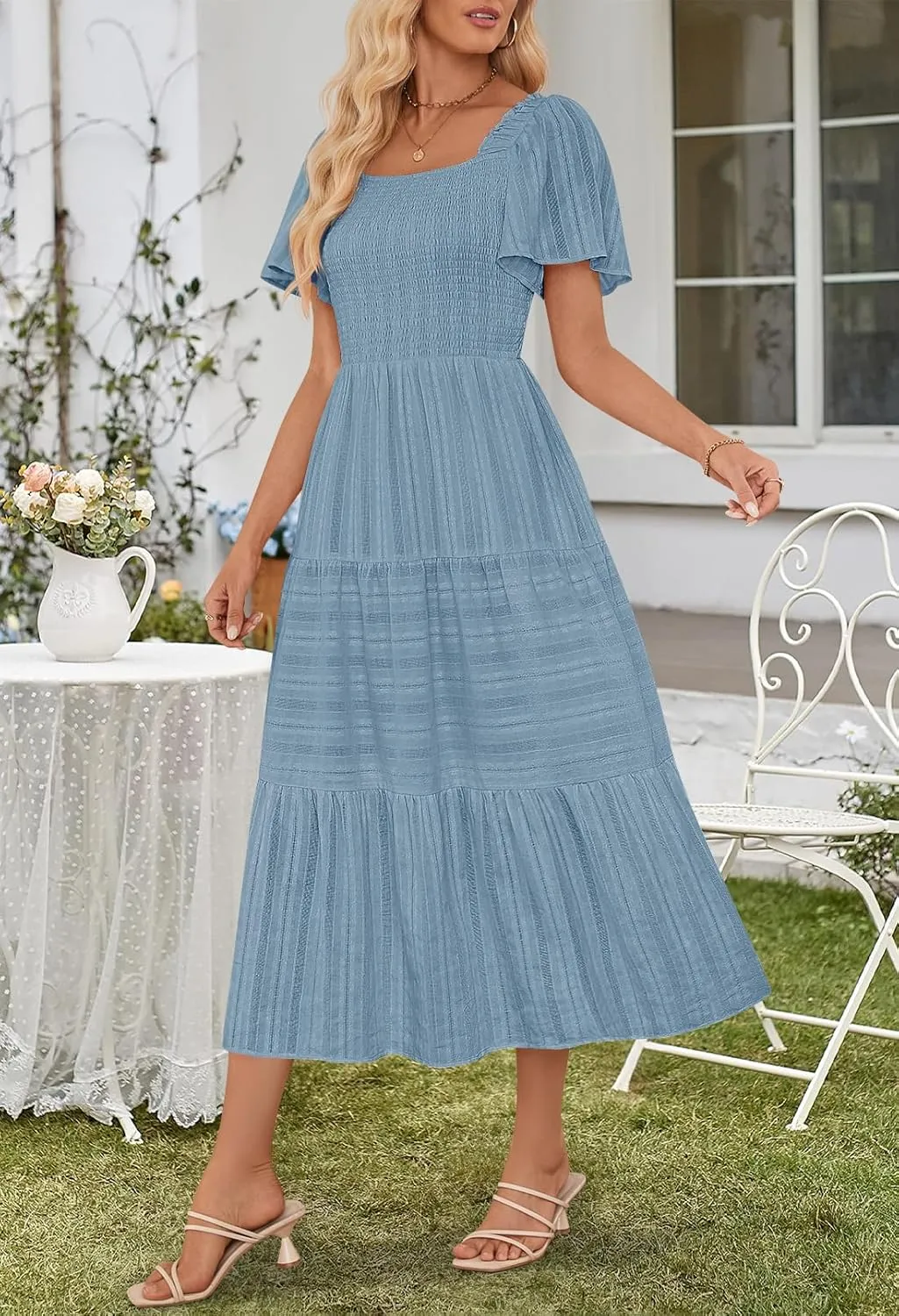 MEROKEETY Women's 2025 Summer Flowy Midi Maxi Dress Short Sleeve Square Neck Smocked Tiered Ruffle Boho Dresses with Pockets