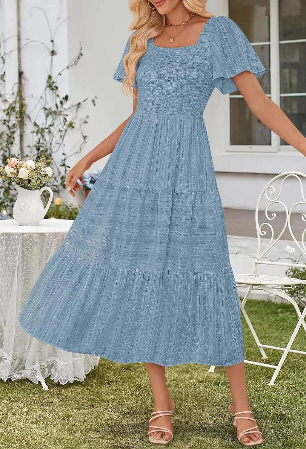 MEROKEETY Women's 2025 Summer Flowy Midi Maxi Dress Short Sleeve Square Neck Smocked Tiered Ruffle Boho Dresses with Pockets
