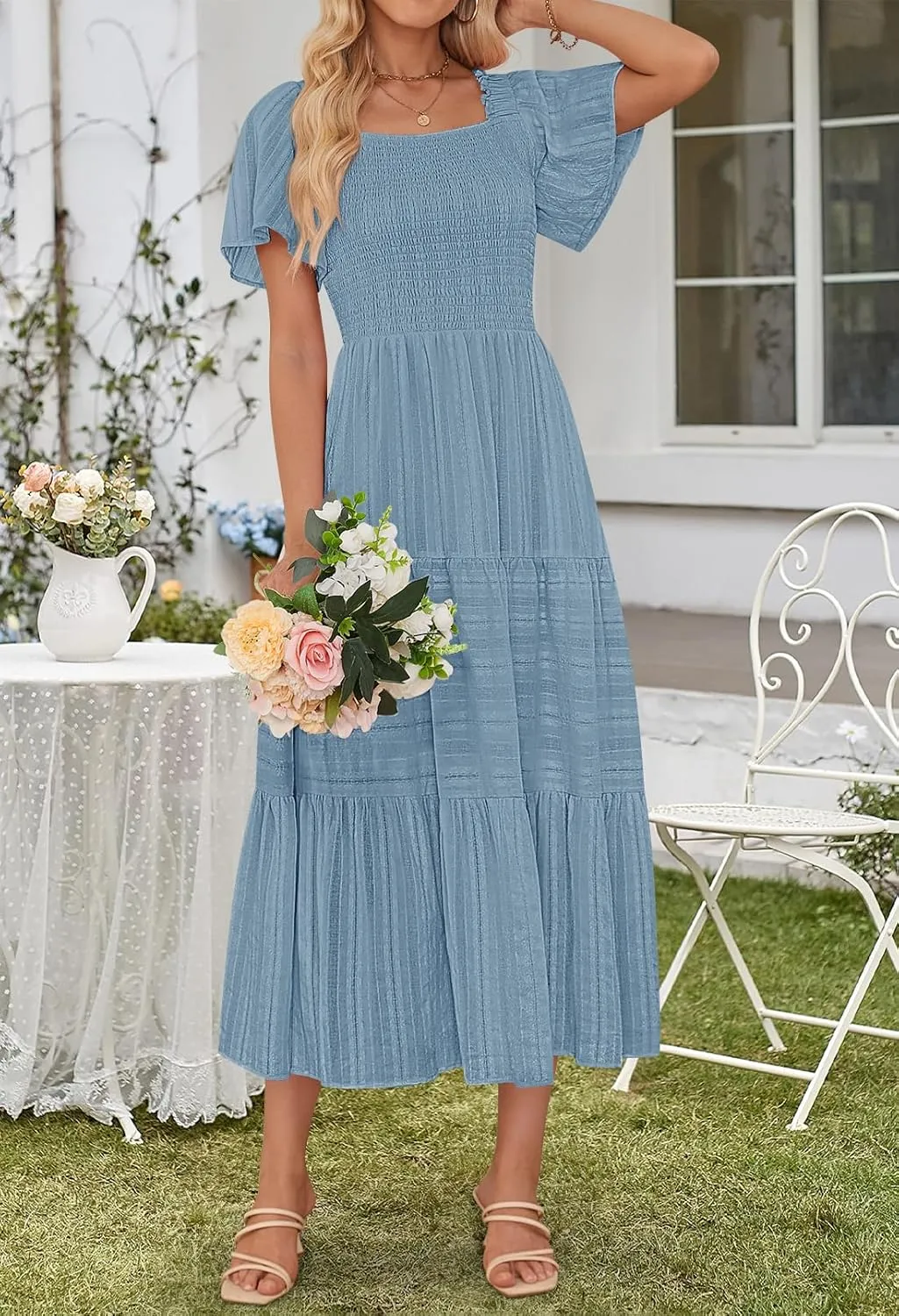 MEROKEETY Women's 2025 Summer Flowy Midi Maxi Dress Short Sleeve Square Neck Smocked Tiered Ruffle Boho Dresses with Pockets