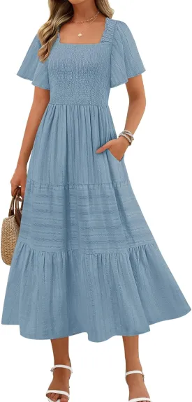 MEROKEETY Women's 2025 Summer Flowy Midi Maxi Dress Short Sleeve Square Neck Smocked Tiered Ruffle Boho Dresses with Pockets