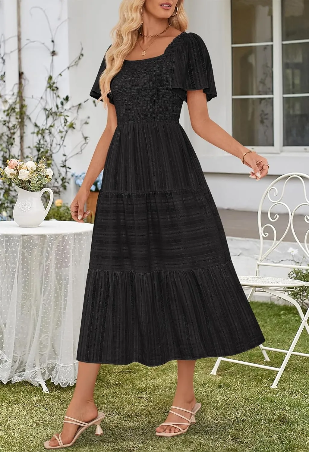MEROKEETY Women's 2025 Summer Flowy Midi Maxi Dress Short Sleeve Square Neck Smocked Tiered Ruffle Boho Dresses with Pockets