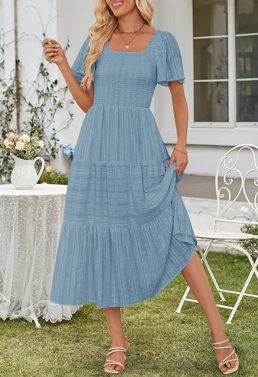 MEROKEETY Women's 2025 Summer Flowy Midi Maxi Dress Short Sleeve Square Neck Smocked Tiered Ruffle Boho Dresses with Pockets
