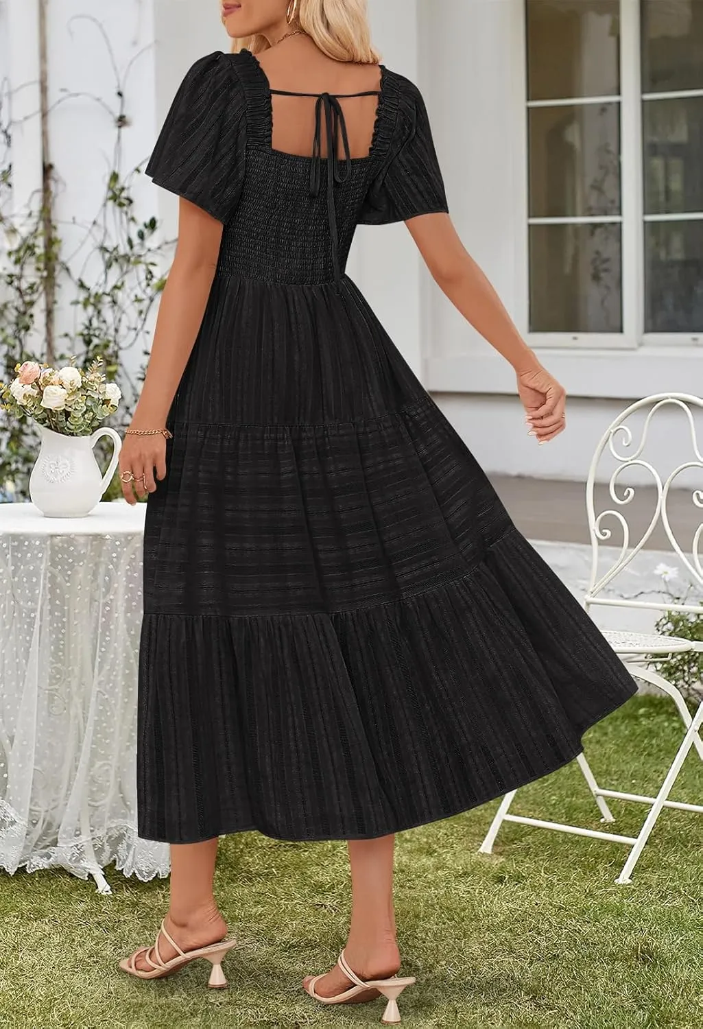 MEROKEETY Women's 2025 Summer Flowy Midi Maxi Dress Short Sleeve Square Neck Smocked Tiered Ruffle Boho Dresses with Pockets