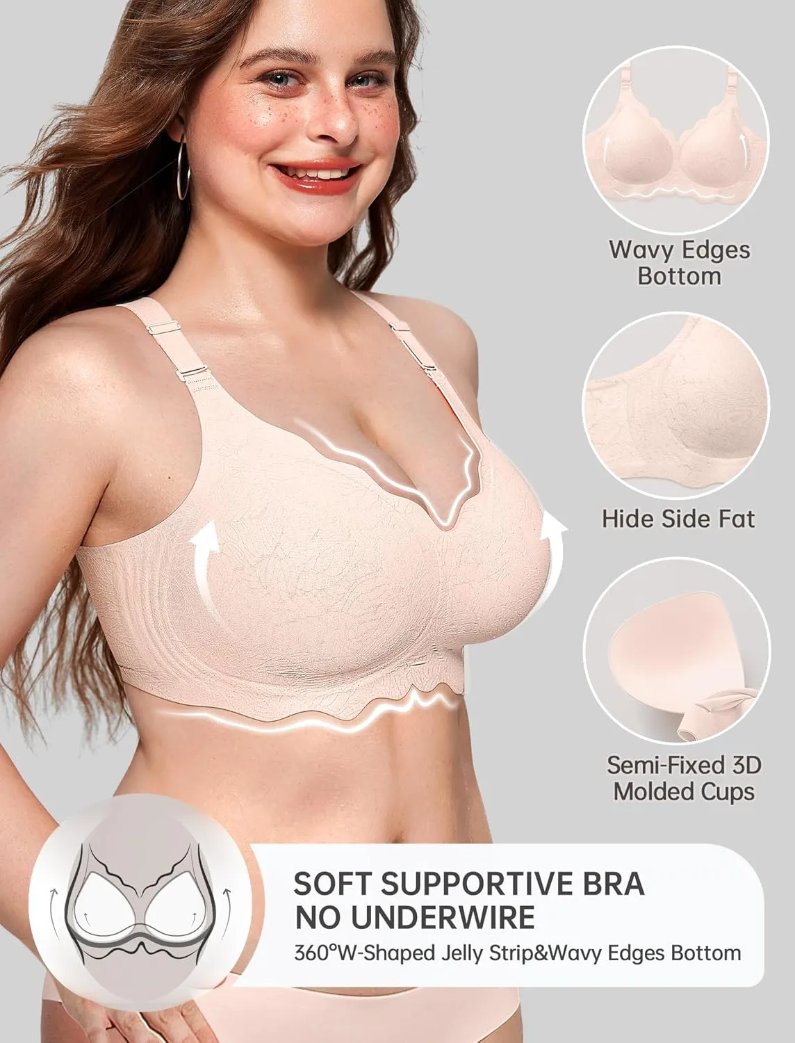 OEAK Women Bras No Underwire Scalloped Push Up Buttery Soft Tshirt Bra Seamless Full Coverage Convertible Everyday Bra