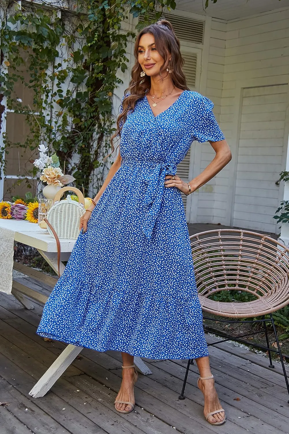 PRETTYGARDEN Women's Summer Floral Boho Maxi Dress Wrap Short Sleeve V Neck Ruffle A-Line Flowy Wedding Guest Long Dresses