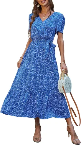 PRETTYGARDEN Women's Summer Floral Boho Maxi Dress Wrap Short Sleeve V Neck Ruffle A-Line Flowy Wedding Guest Long Dresses