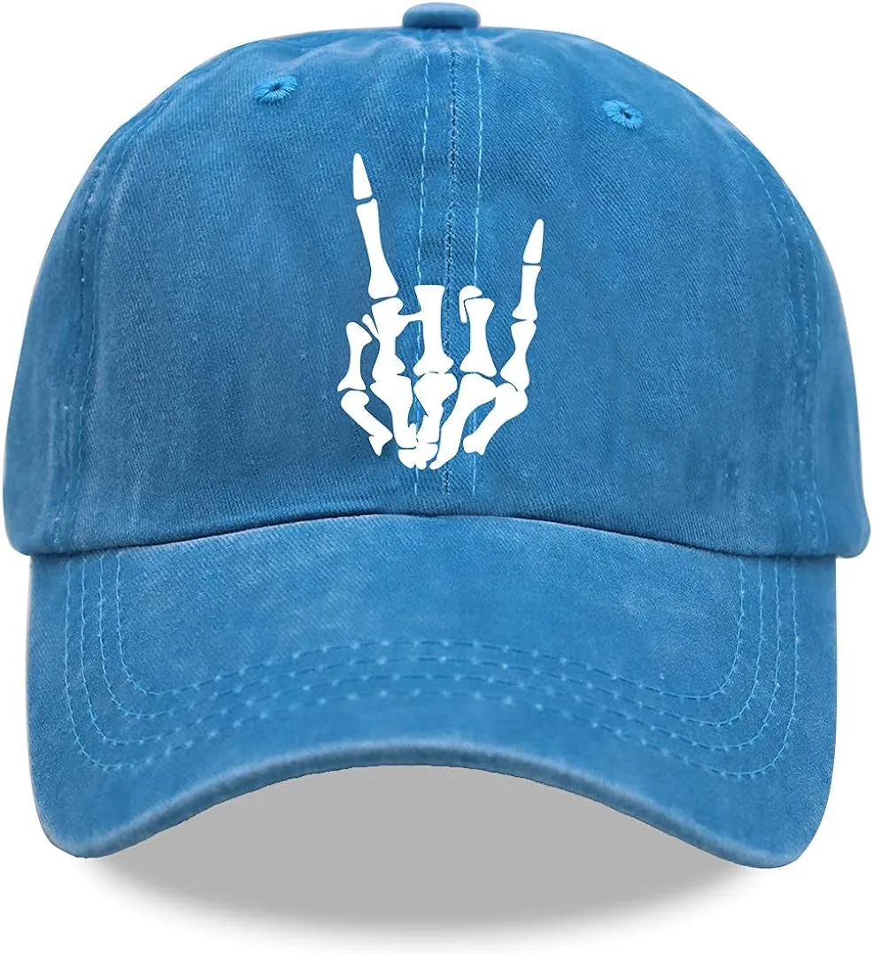 "Gothic Coolness Unleashed: Edgy Skull Finger Baseball Cap - Perfectly Distressed Denim, Adjustable for All"