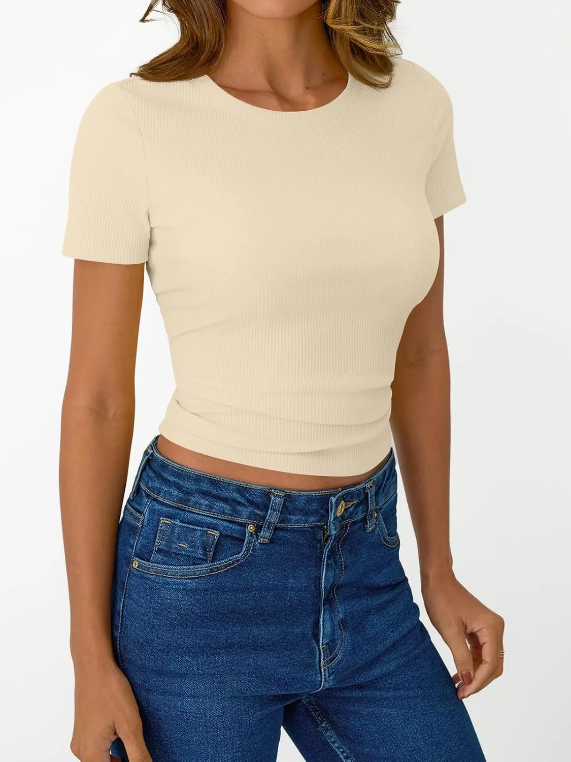 SUNBS 3 Pack Womens Short Sleeve Shirts Ribbed Knit Slim Fitted T-Shirt Summer Basic Tee 2025 Tops