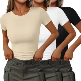 SUNBS 3 Pack Womens Short Sleeve Shirts Ribbed Knit Slim Fitted T-Shirt Summer Basic Tee 2025 Tops