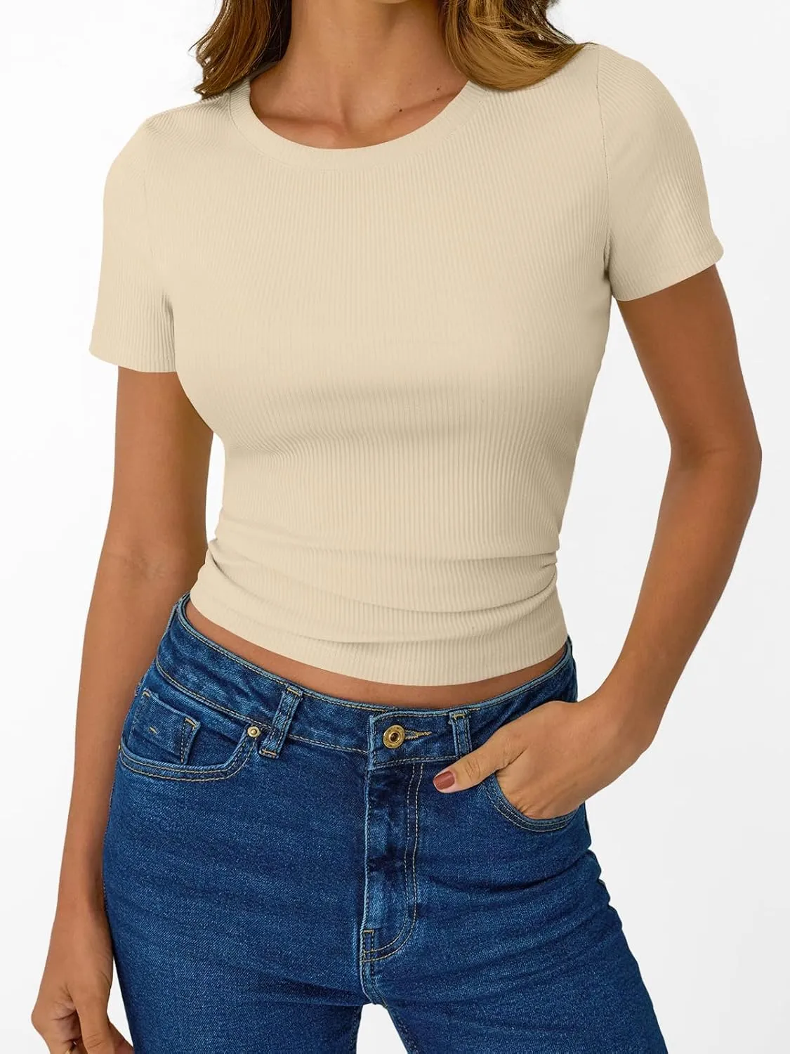 SUNBS 3 Pack Womens Short Sleeve Shirts Ribbed Knit Slim Fitted T-Shirt Summer Basic Tee 2025 Tops