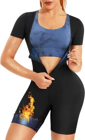 URSEXYLY Sauna Suit for Women Sweat Vest Waist Trainer 3 in 1 Slimming Full Body Shaper Workout Top with Sleeve Shorts