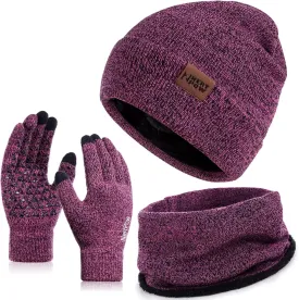 Winter 1-3 PCS Beanie Hat Gloves Scarf For Men And Women, Knit Fleece Lined Warm Touchscreen Gloves Beanie Infitiny Scarf Set