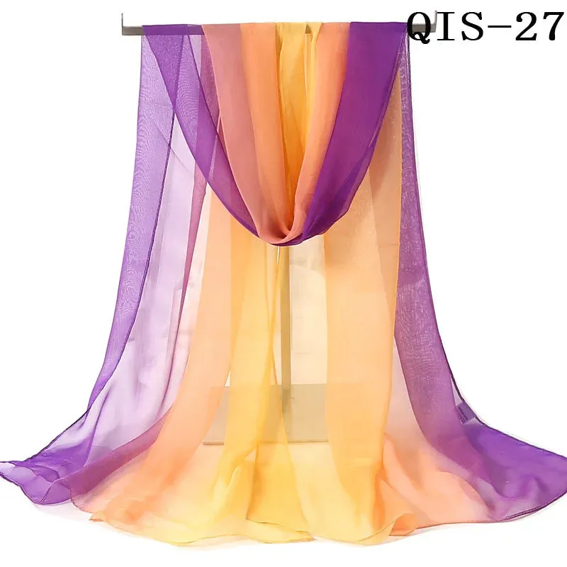 Women Foulard Gradient Solid Color Chiffon Georgette Scarf Bandana Elegant Long Shawl for Summer Sun Protection