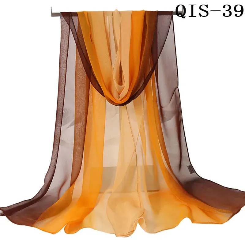 Women Foulard Gradient Solid Color Chiffon Georgette Scarf Bandana Elegant Long Shawl for Summer Sun Protection