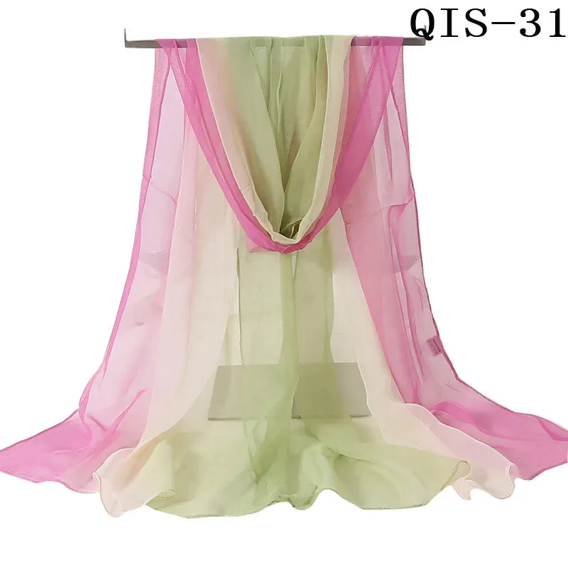 Women Foulard Gradient Solid Color Chiffon Georgette Scarf Bandana Elegant Long Shawl for Summer Sun Protection