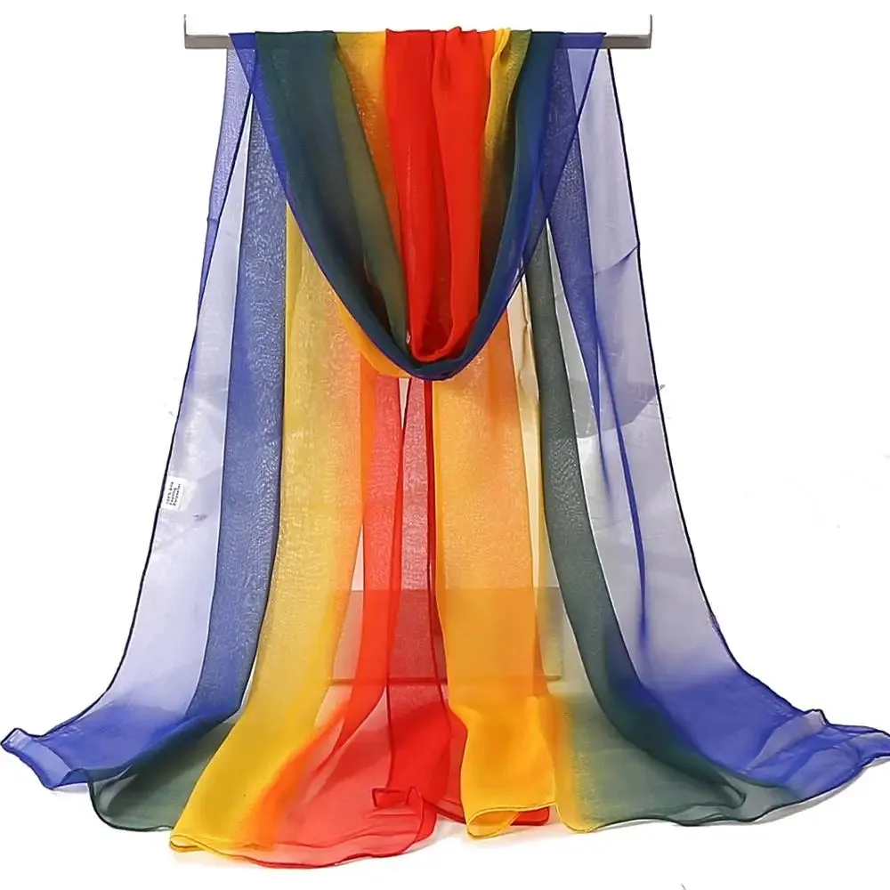 Women Foulard Gradient Solid Color Chiffon Georgette Scarf Bandana Elegant Long Shawl for Summer Sun Protection