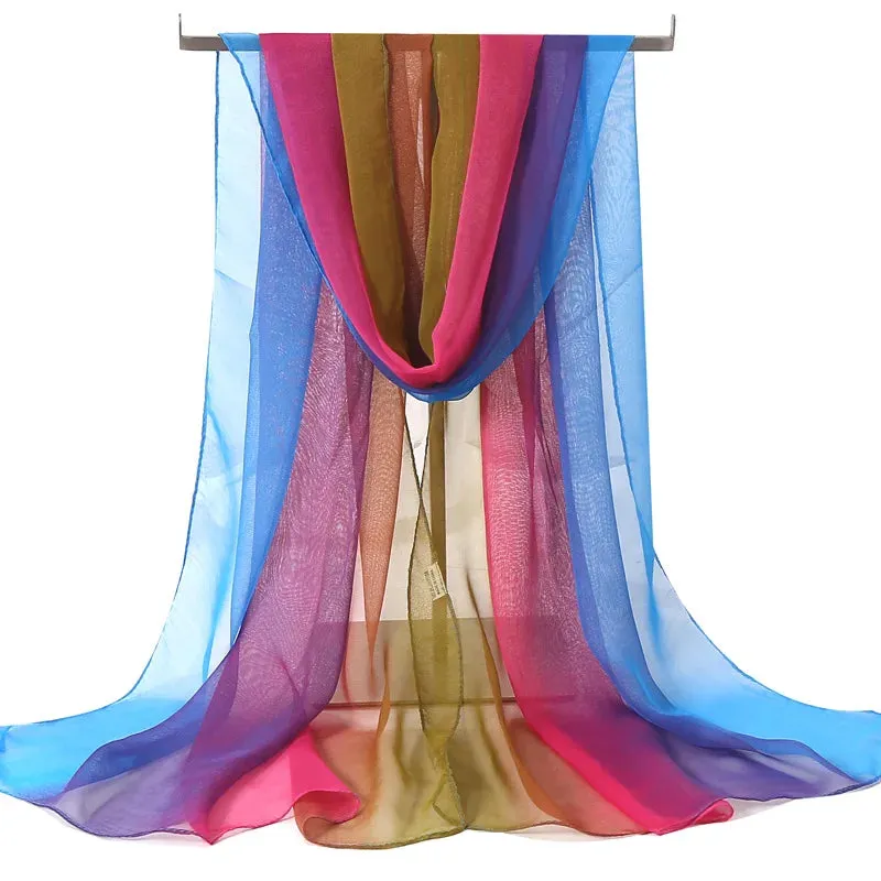 Women Foulard Gradient Solid Color Chiffon Georgette Scarf Bandana Elegant Long Shawl for Summer Sun Protection