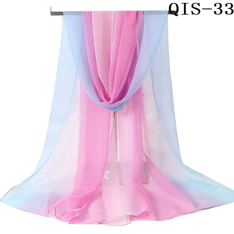 Women Foulard Gradient Solid Color Chiffon Georgette Scarf Bandana Elegant Long Shawl for Summer Sun Protection