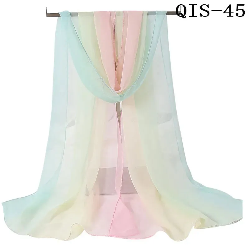 Women Foulard Gradient Solid Color Chiffon Georgette Scarf Bandana Elegant Long Shawl for Summer Sun Protection