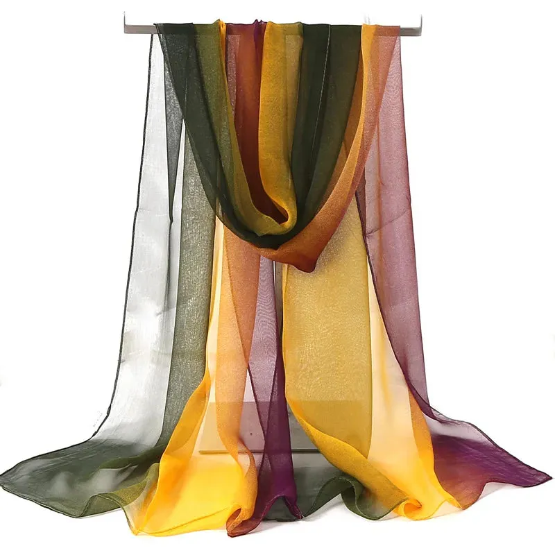 Women Foulard Gradient Solid Color Chiffon Georgette Scarf Bandana Elegant Long Shawl for Summer Sun Protection