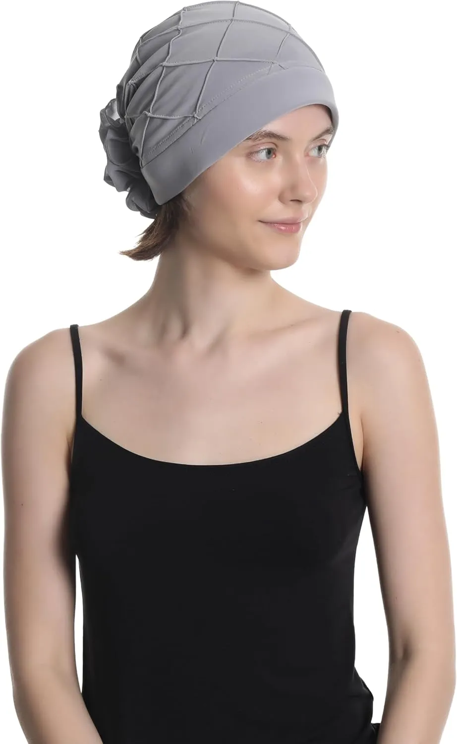 Women's Check-Pattern Practical Hat for Chemo, Hair Loss, Alopecia, with Pretty Chiffon Flower Detail