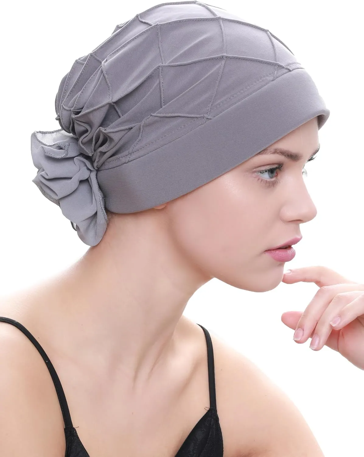 Women's Check-Pattern Practical Hat for Chemo, Hair Loss, Alopecia, with Pretty Chiffon Flower Detail