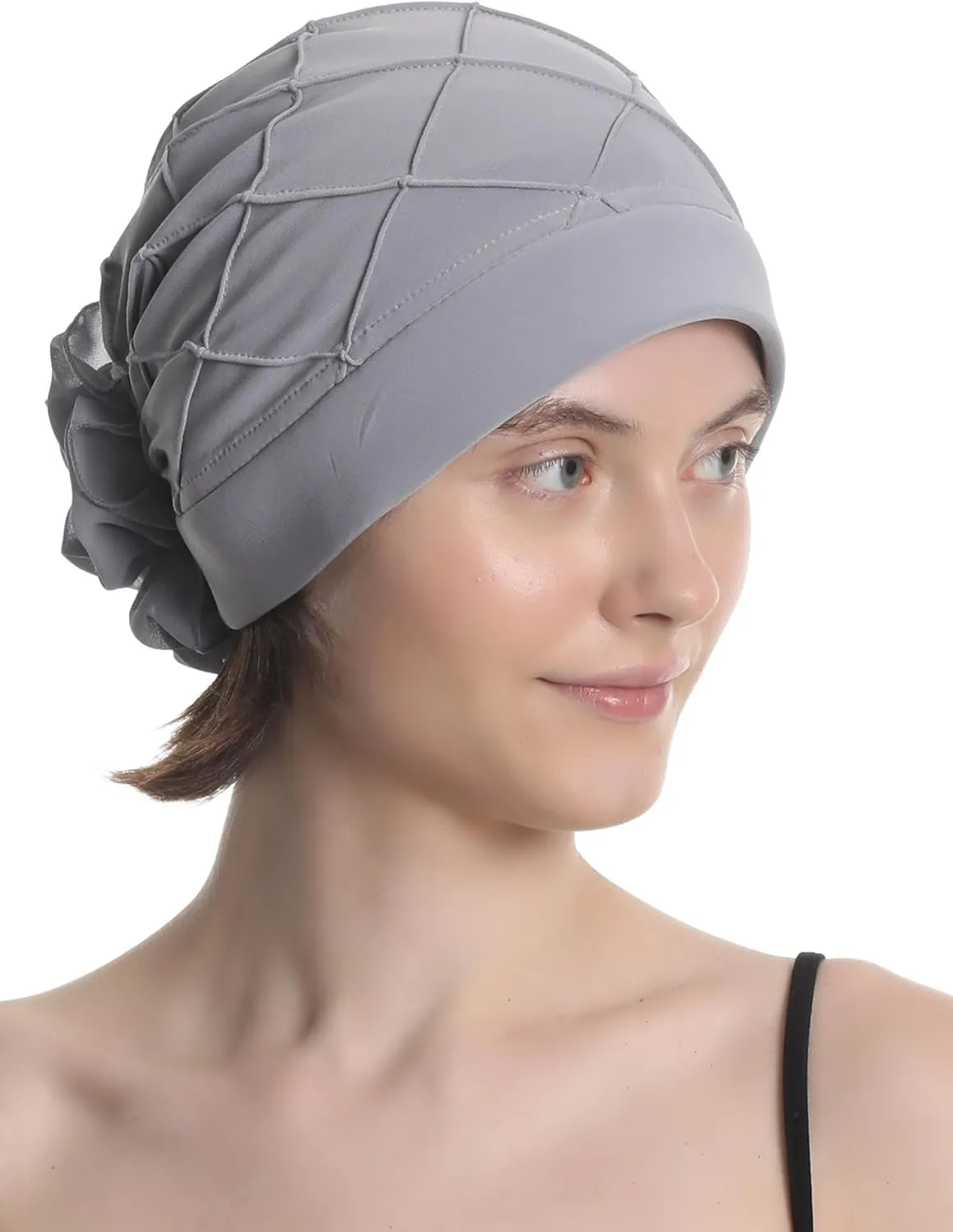 Women's Check-Pattern Practical Hat for Chemo, Hair Loss, Alopecia, with Pretty Chiffon Flower Detail