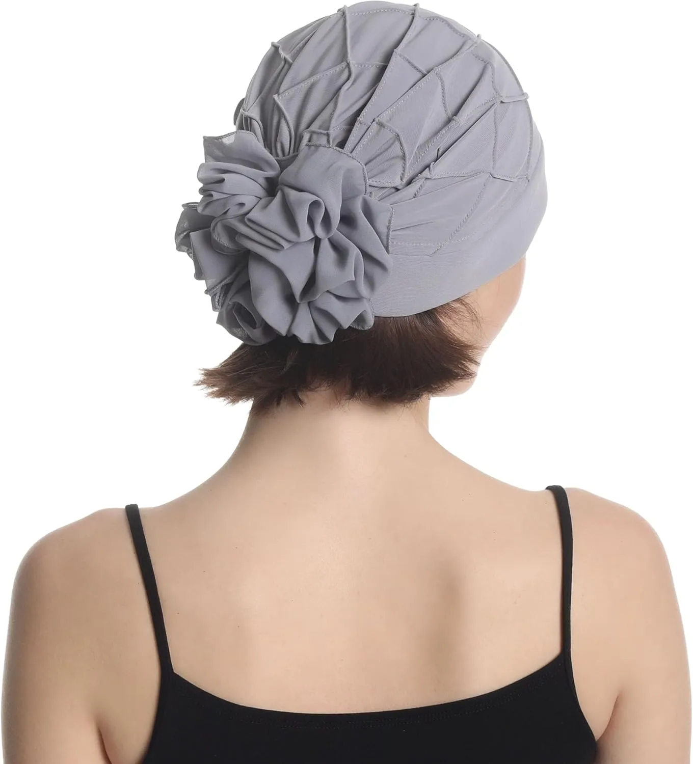 Women's Check-Pattern Practical Hat for Chemo, Hair Loss, Alopecia, with Pretty Chiffon Flower Detail
