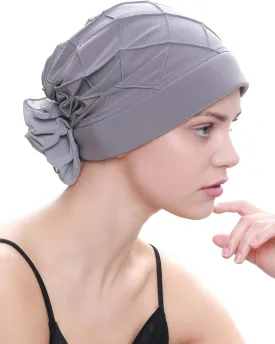 Women's Check-Pattern Practical Hat for Chemo, Hair Loss, Alopecia, with Pretty Chiffon Flower Detail