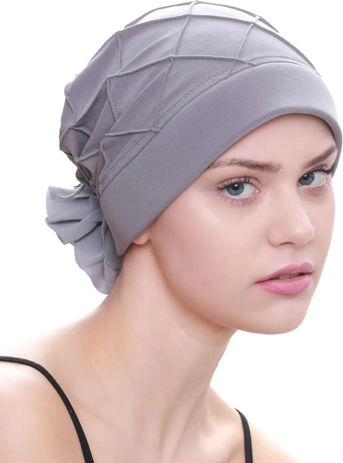 Women's Check-Pattern Practical Hat for Chemo, Hair Loss, Alopecia, with Pretty Chiffon Flower Detail