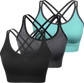 WOYYHO Cross Back Sports Bra for Women Padded Strappy Yoga Bra Medium Support Workout Bra for Athletic Gym Fitness 3 Pack