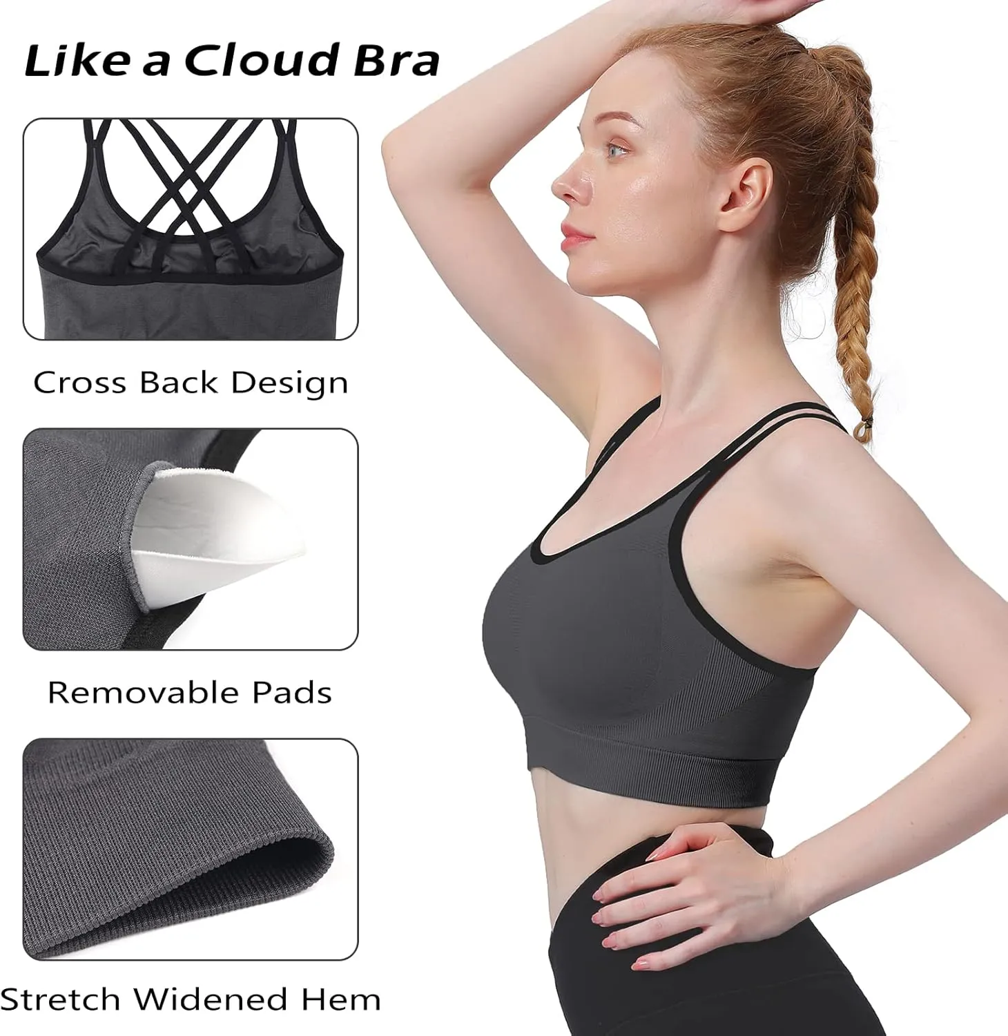 WOYYHO Cross Back Sports Bra for Women Padded Strappy Yoga Bra Medium Support Workout Bra for Athletic Gym Fitness 3 Pack